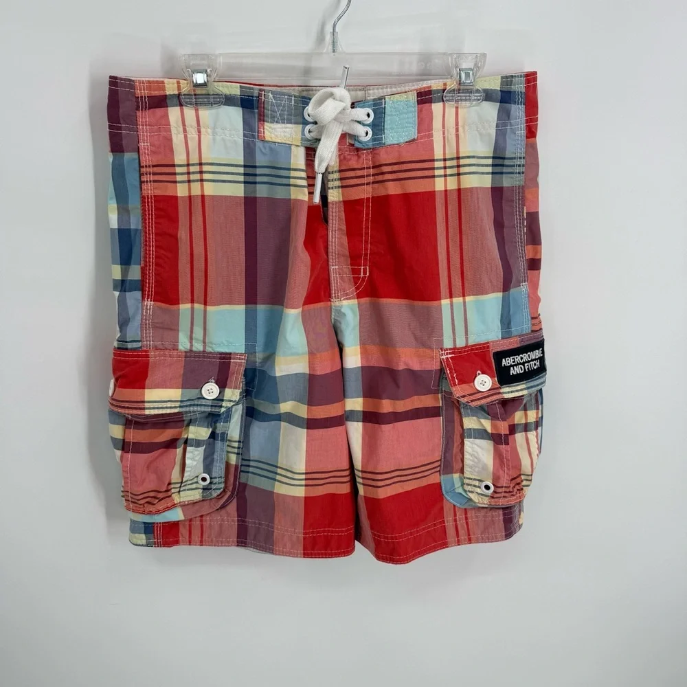 Abercrombie & Fitch Shorts Mens Medium Plaid Long Board Swim Trunks Cargo Lined